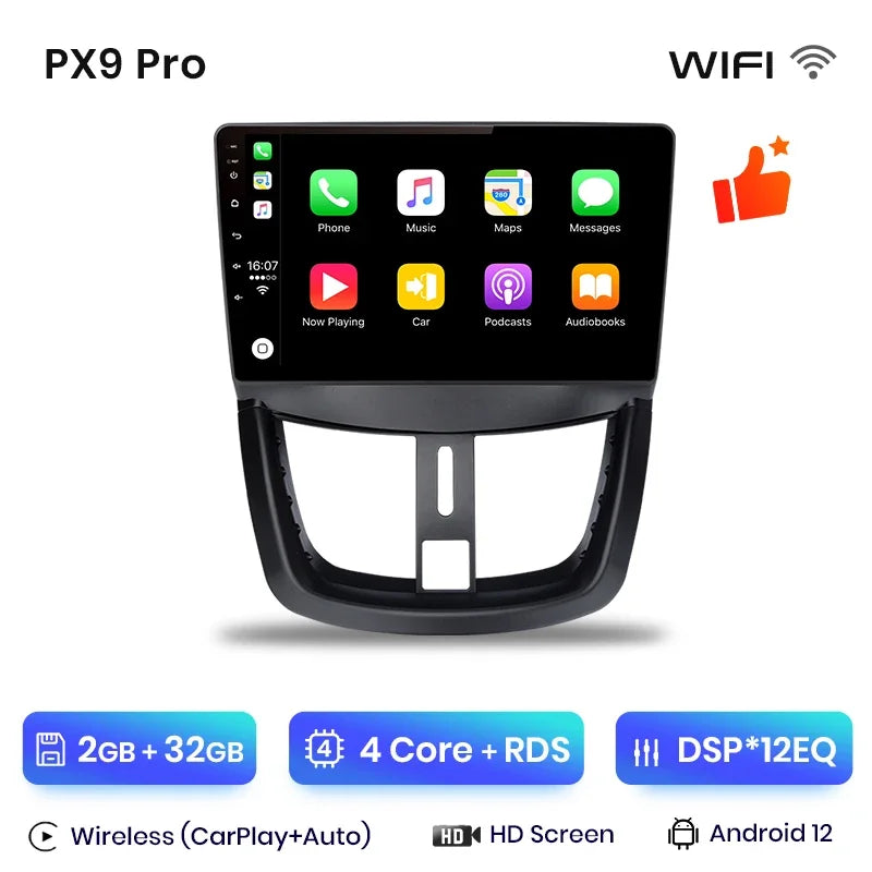 Autoradio écran pour PEUGEOT 207 207CC 2006-2015 avec CarPlay sans fil, Android Auto, GPS, Navi, FM RDS Bluetooth