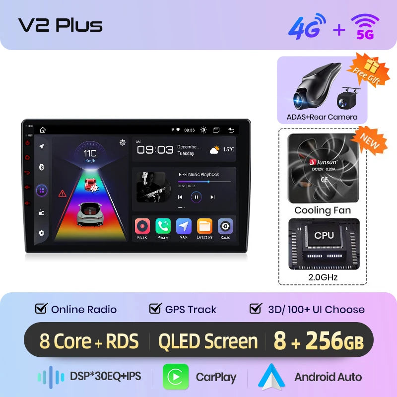 Autoradio Android sans fil Junsun avec CarPlay pour Citroën C2/C3 (2001-2010) – Système intelligent avec RDS, DSP, GPS, FM, Bluetooth et commandes au volant
