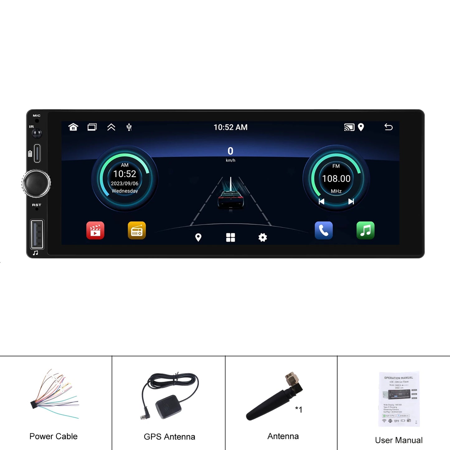 CarPlay Autoradio Android 1Din 6.86" GPS Navigation Player avec Android Auto, FM, WiFi, USB et Caméra de Recul