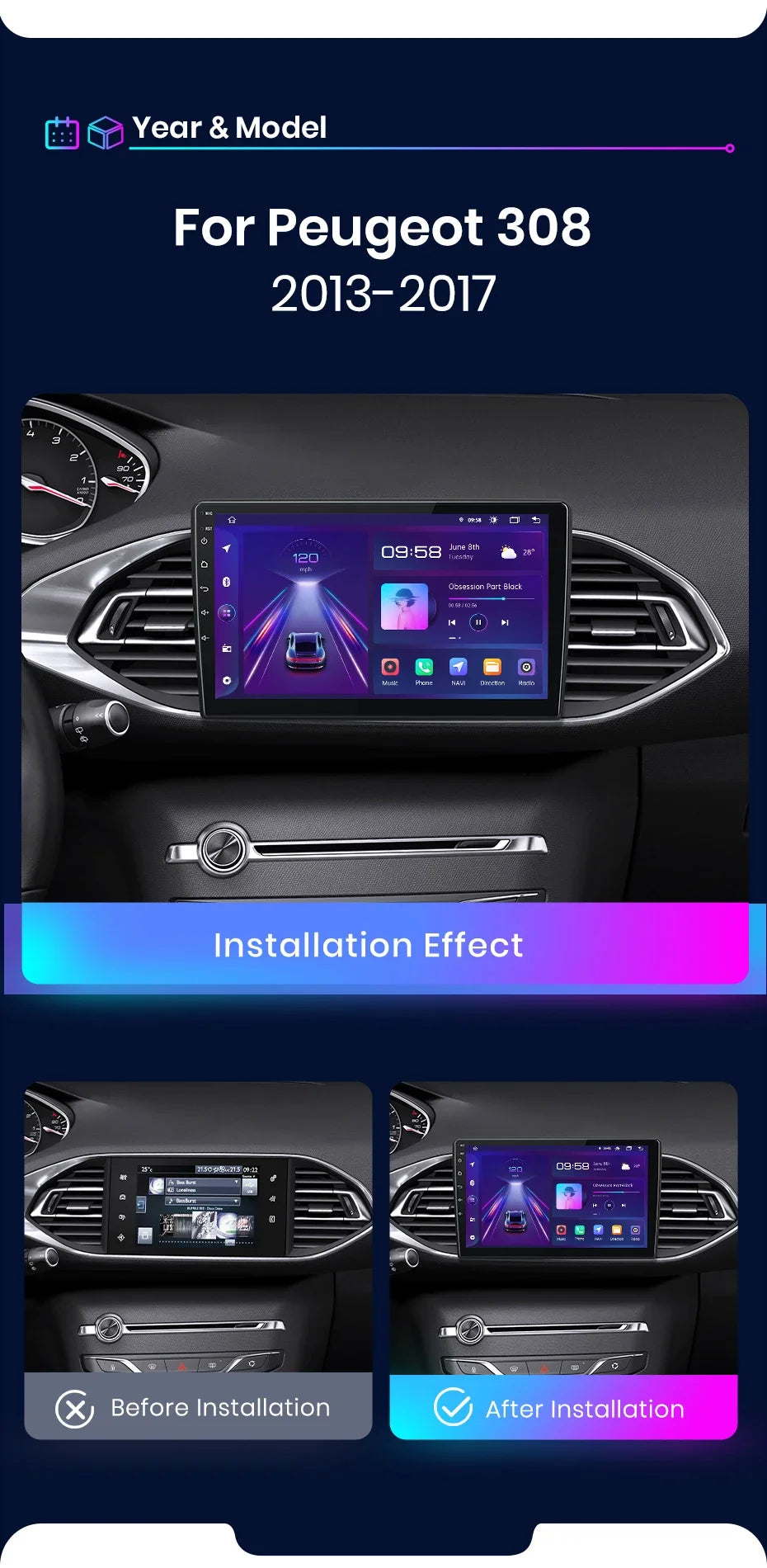 Autoradio CarPlay & Android Auto  9" Android 13 Pour Peugeot 308/308S (2013–2017) | AI Voice | Wireless | GPS | 4G | Double DIN