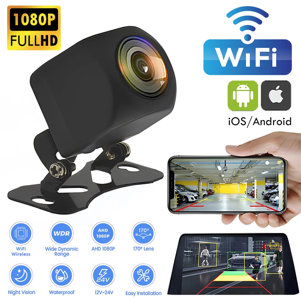 Caméra de Recul Sans Fil 1080P pour Voiture – Vision Nocturne HD, Grand Angle 170°, WiFi Compatible iPhone & Android, Alimentation 12V/24V