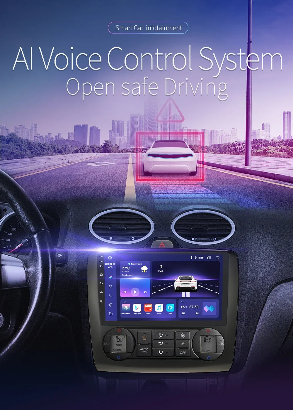 utoradio Android 9" Hizpo 2DIN avec GPS, Bluetooth, 4G, RDS, DSP, SWC et CarPlay – Compatible Ford Focus 2 Mk2 (2004-2011), Processeur UI7862