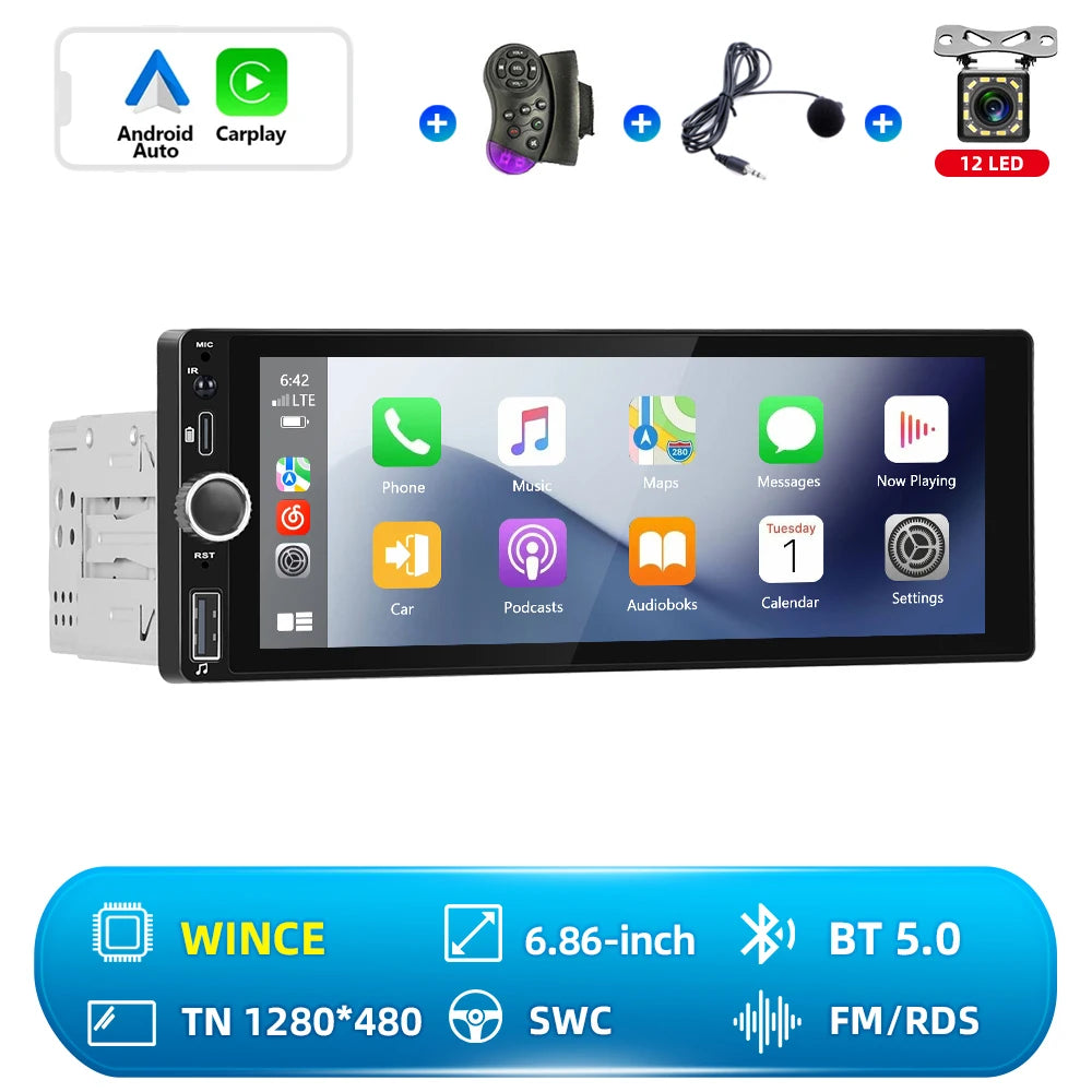 CarPlay Autoradio Android 1Din 6.86" GPS Navigation Player avec Android Auto, FM, WiFi, USB et Caméra de Recul