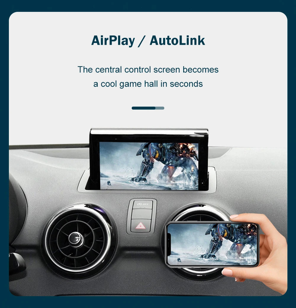 Autoradio écran avec CarPlay et Android Auto sans fil, compatible Audi A1 (2013-2018) et Q3 (2014-2018) – Systèmes RMC et HN+, avec Mirror Link et AirPlay.