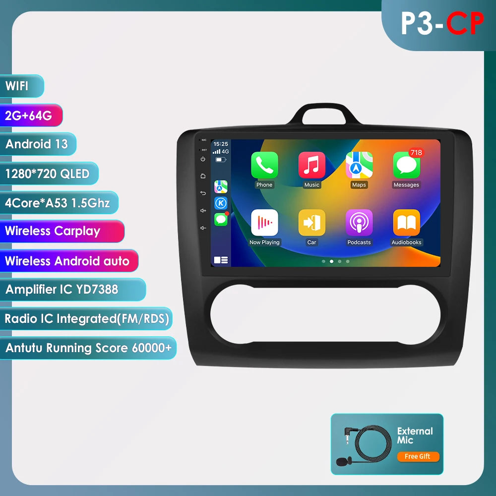utoradio Android 9" Hizpo 2DIN avec GPS, Bluetooth, 4G, RDS, DSP, SWC et CarPlay – Compatible Ford Focus 2 Mk2 (2004-2011), Processeur UI7862