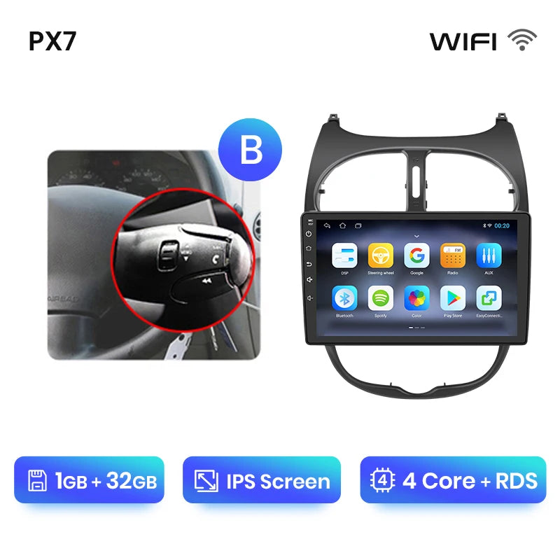 Autoradio écran pour Peugeot 206, 206CC, 206SW avec CarPlay sans fil pour Apple et Android Auto, GPS IPS, RDS, FM, WiFi, Bluetooth 4G, stéréo multimédia à 8 cœurs