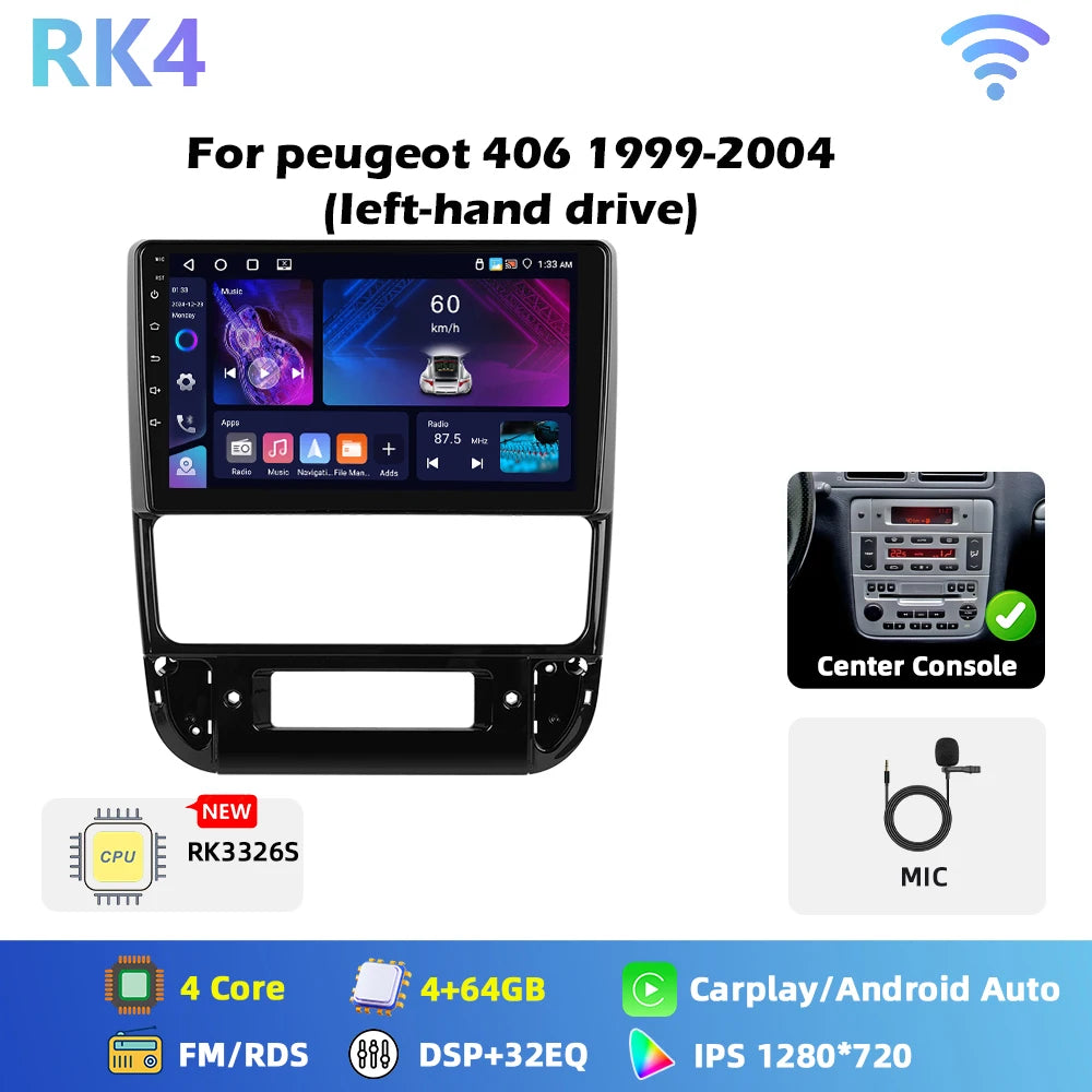 Autoradio Peugeot 406 (1999–2004) – Compatible CarPlay, Android AUto, GPS, FM, multimédia 2DIN