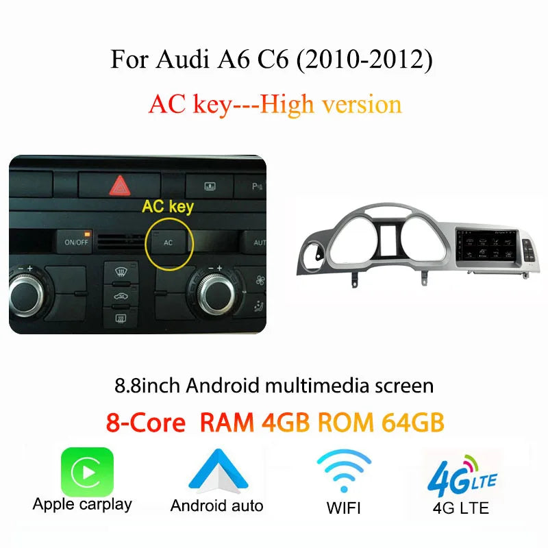 Autoradio multimédia Android sans fil Bonroad avec CarPlay pour Audi A6 C6 4F (2005-2012) – Compatible MMI 2G/3G, Bluetooth, GPS, radio et écran stéréo