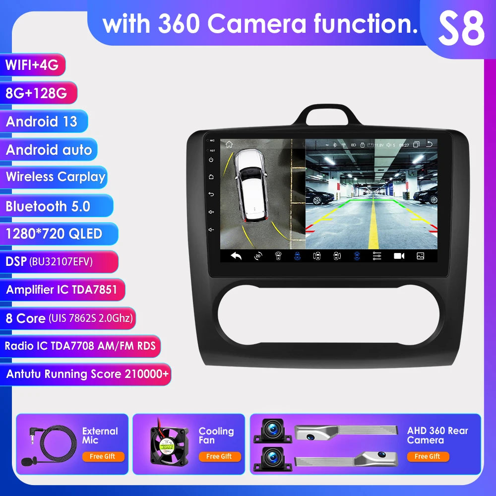 utoradio Android 9" Hizpo 2DIN avec GPS, Bluetooth, 4G, RDS, DSP, SWC et CarPlay – Compatible Ford Focus 2 Mk2 (2004-2011), Processeur UI7862