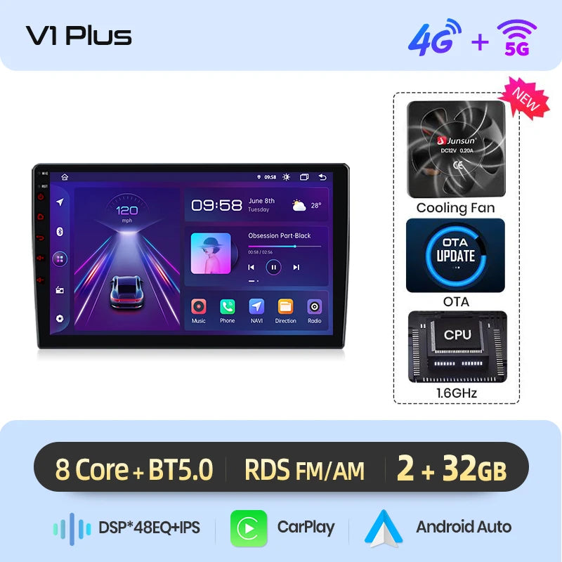 Autoradio Android sans fil Junsun avec CarPlay pour Citroën C2/C3 (2001-2010) – Système intelligent avec RDS, DSP, GPS, FM, Bluetooth et commandes au volant