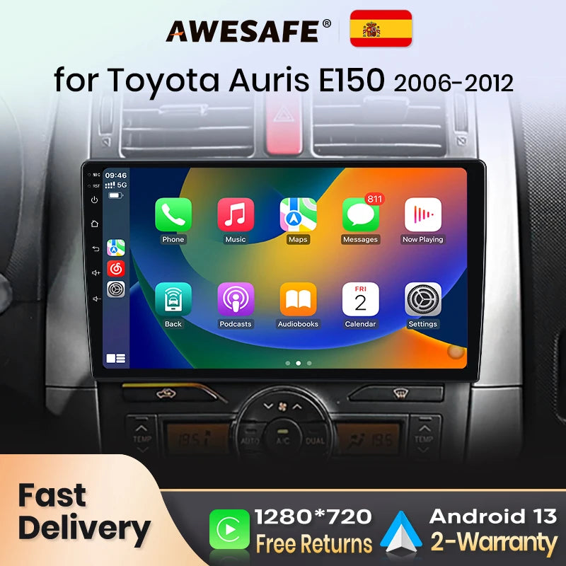 Autoradio Android 13 Toyota Auris (2006-2012) CarPlay sans fil et Android Auto, avec écran multimédia stéréo, GPS, RDS et DSP