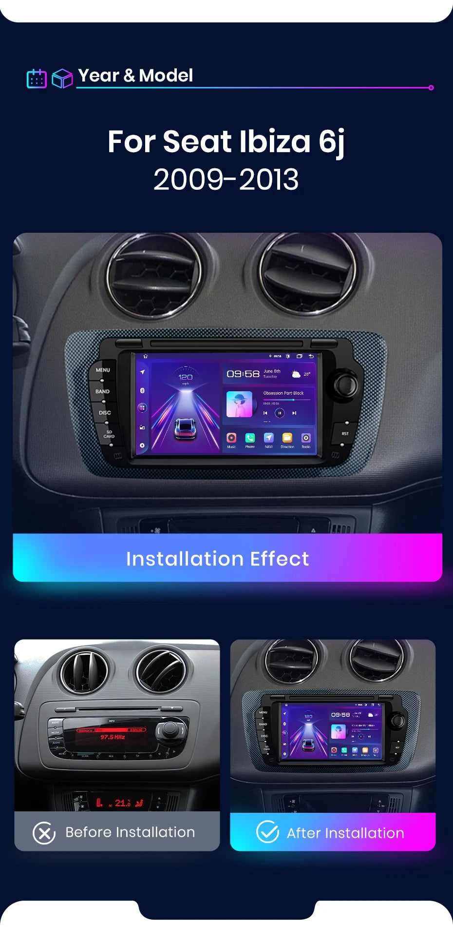 Autoradio écran avec CarPlay sans fil, Android Auto et GPS pour Seat Ibiza 6J (2009-2013) – Système multimédia intelligent pour voiture.