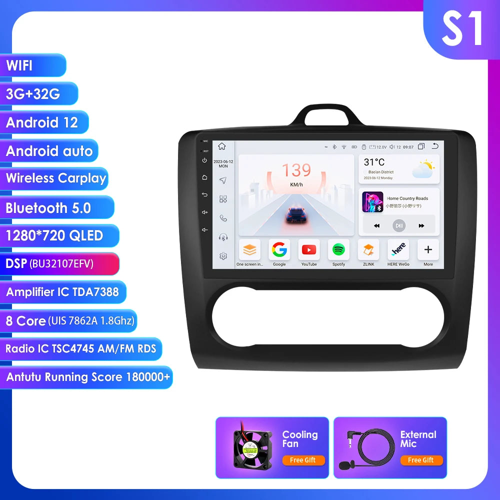utoradio Android 9" Hizpo 2DIN avec GPS, Bluetooth, 4G, RDS, DSP, SWC et CarPlay – Compatible Ford Focus 2 Mk2 (2004-2011), Processeur UI7862