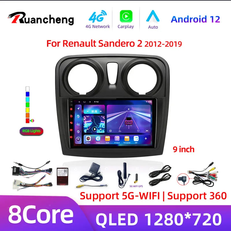 Autoradio Multimédia Android 12 avec GPS pour Renault Logan 2 / Sandero 2/ Stepway (2012 - 2019) – Écran 2 Din, Lecteur Vidéo, Stéréo, DVD, CarPlay