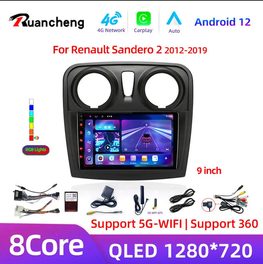 Autoradio Multimédia Android 12 avec GPS pour Renault Logan 2 / Sandero 2/ Stepway (2012 - 2019) – Écran 2 Din, Lecteur Vidéo, Stéréo, DVD, CarPlay