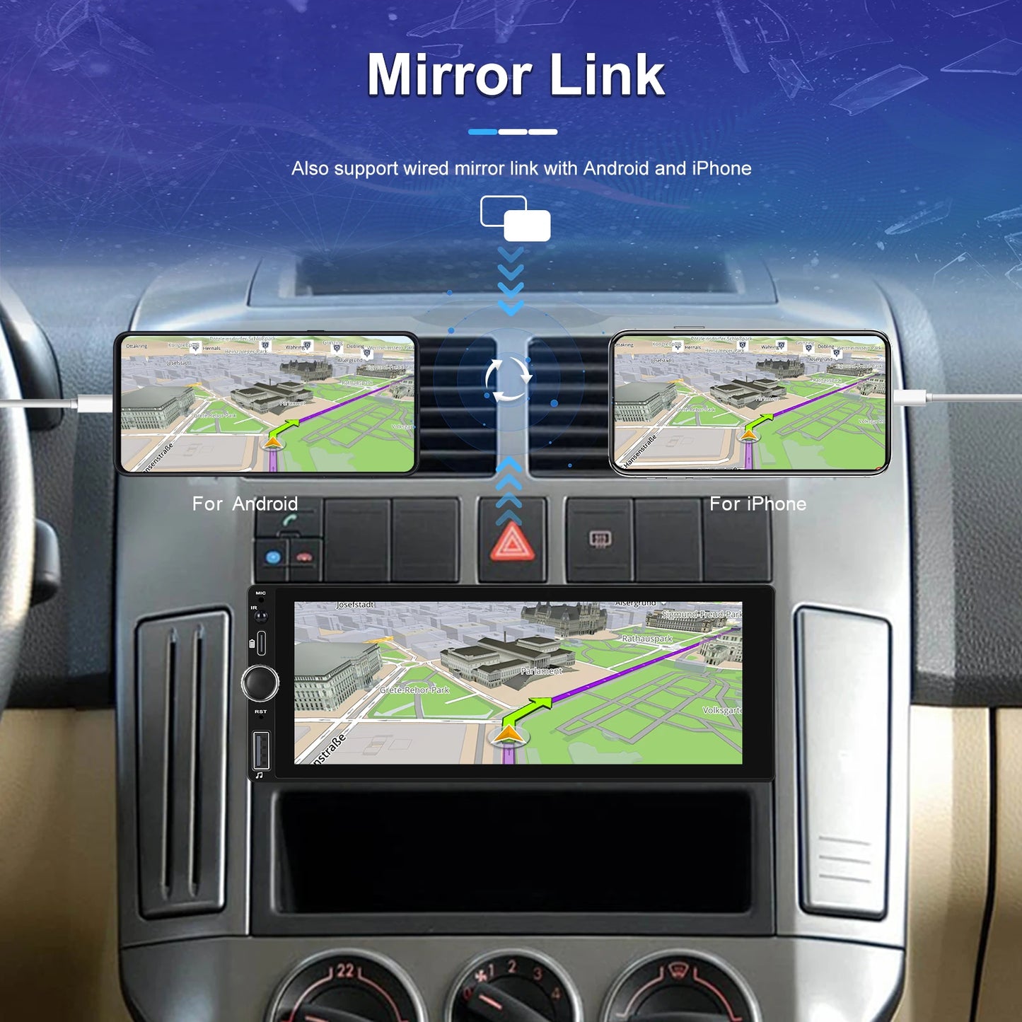 CarPlay Autoradio Android 1Din 6.86" GPS Navigation Player avec Android Auto, FM, WiFi, USB et Caméra de Recul