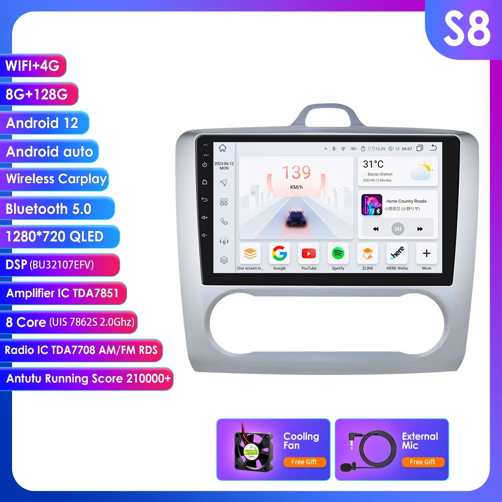 utoradio Android 9" Hizpo 2DIN avec GPS, Bluetooth, 4G, RDS, DSP, SWC et CarPlay – Compatible Ford Focus 2 Mk2 (2004-2011), Processeur UI7862