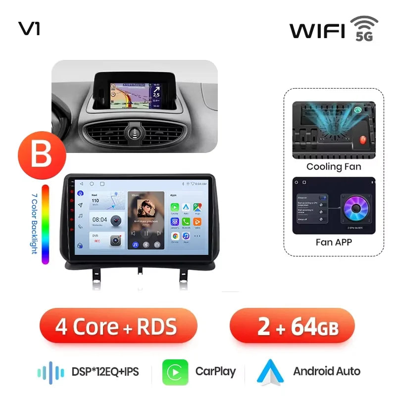 Autoradio CarPlay / Android Auto pour Renault Clio 3 (2005–2014)