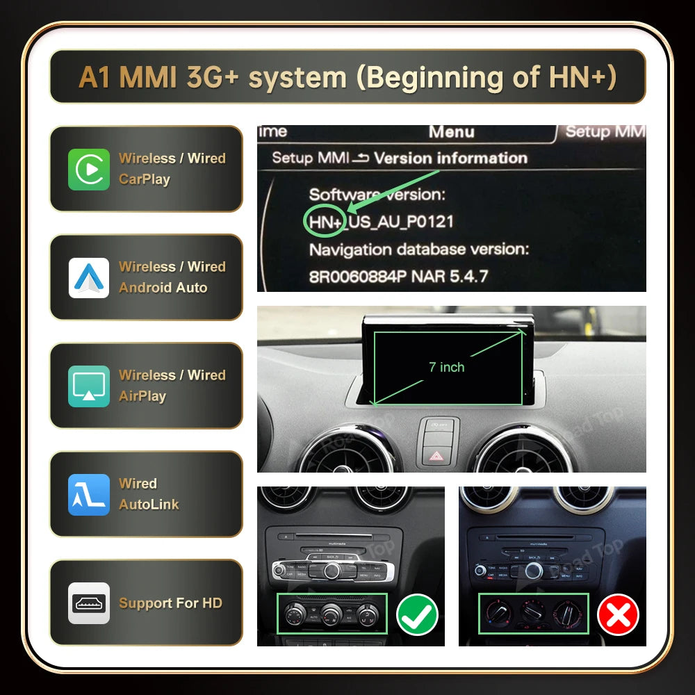 Autoradio écran avec CarPlay et Android Auto sans fil, compatible Audi A1 (2013-2018) et Q3 (2014-2018) – Systèmes RMC et HN+, avec Mirror Link et AirPlay.