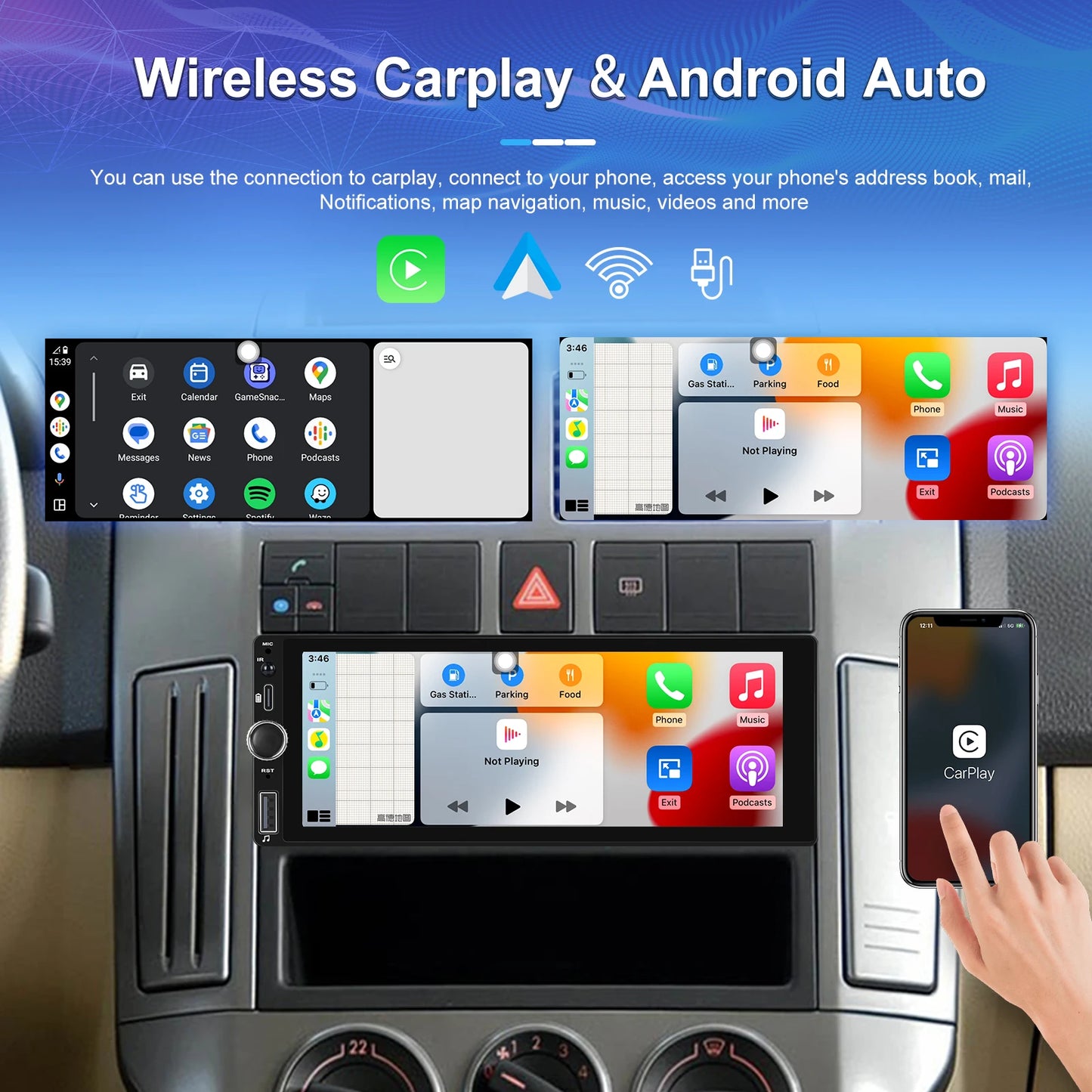 CarPlay Autoradio Android 1Din 6.86" GPS Navigation Player avec Android Auto, FM, WiFi, USB et Caméra de Recul