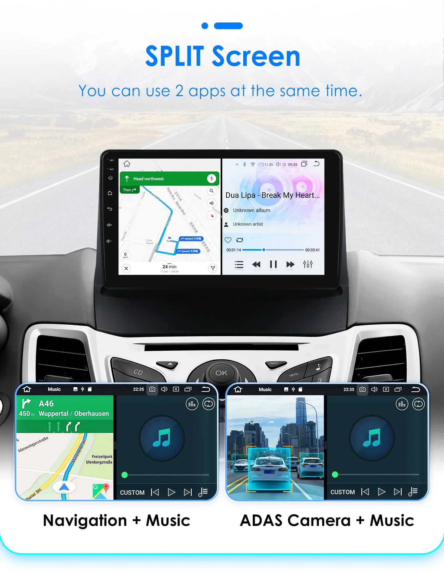 Autoradio 2 DIN Android avec CarPlay pour Ford Fiesta (2009–2017) – Lecteur Multimédia, Écran Intelligent, GPS, Navigation, RDS