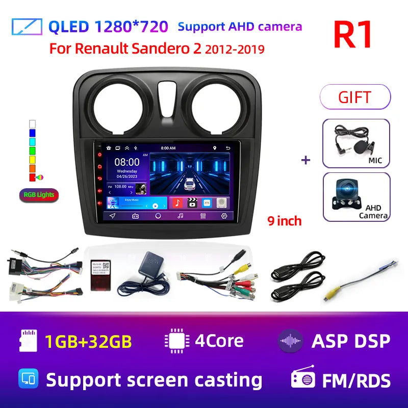 Autoradio Multimédia Android 12 avec GPS pour Renault Logan 2 / Sandero 2/ Stepway (2012 - 2019) – Écran 2 Din, Lecteur Vidéo, Stéréo, DVD, CarPlay