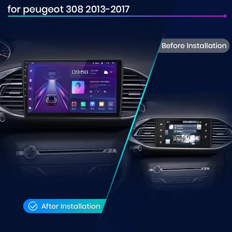 Autoradio CarPlay & Android Auto  9" Android 13 Pour Peugeot 308/308S (2013–2017) | AI Voice | Wireless | GPS | 4G | Double DIN