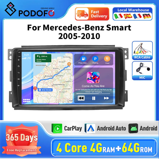 Autoradio sans fil Podofo CarPlay pour Smart Fortwo (Autoradio sans fil Podofo CarPlay pour Smart Fortwo 451 (2005-2015)