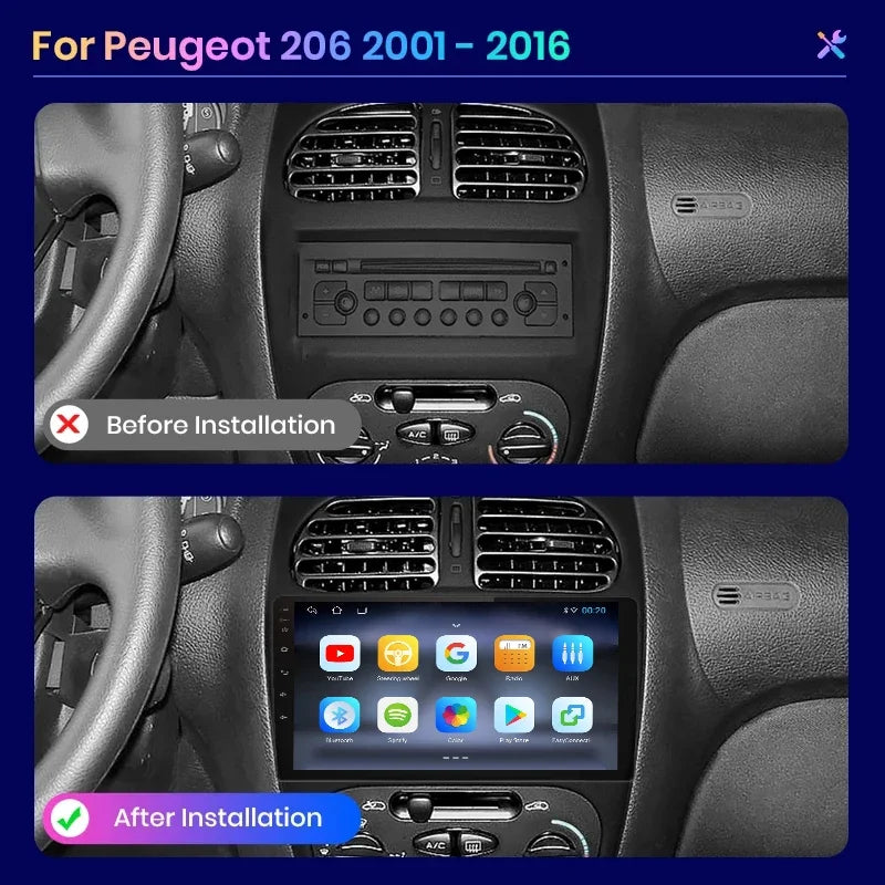 Autoradio écran pour Peugeot 206, 206CC, 206SW avec CarPlay sans fil pour Apple et Android Auto, GPS IPS, RDS, FM, WiFi, Bluetooth 4G, stéréo multimédia à 8 cœurs