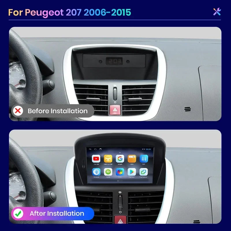 Peugeot 207 / 207 CC (2006–2015) Autoradio mit kabellosem CarPlay, Android Auto und integriertem GPS – Intelligentes Multimediasystem