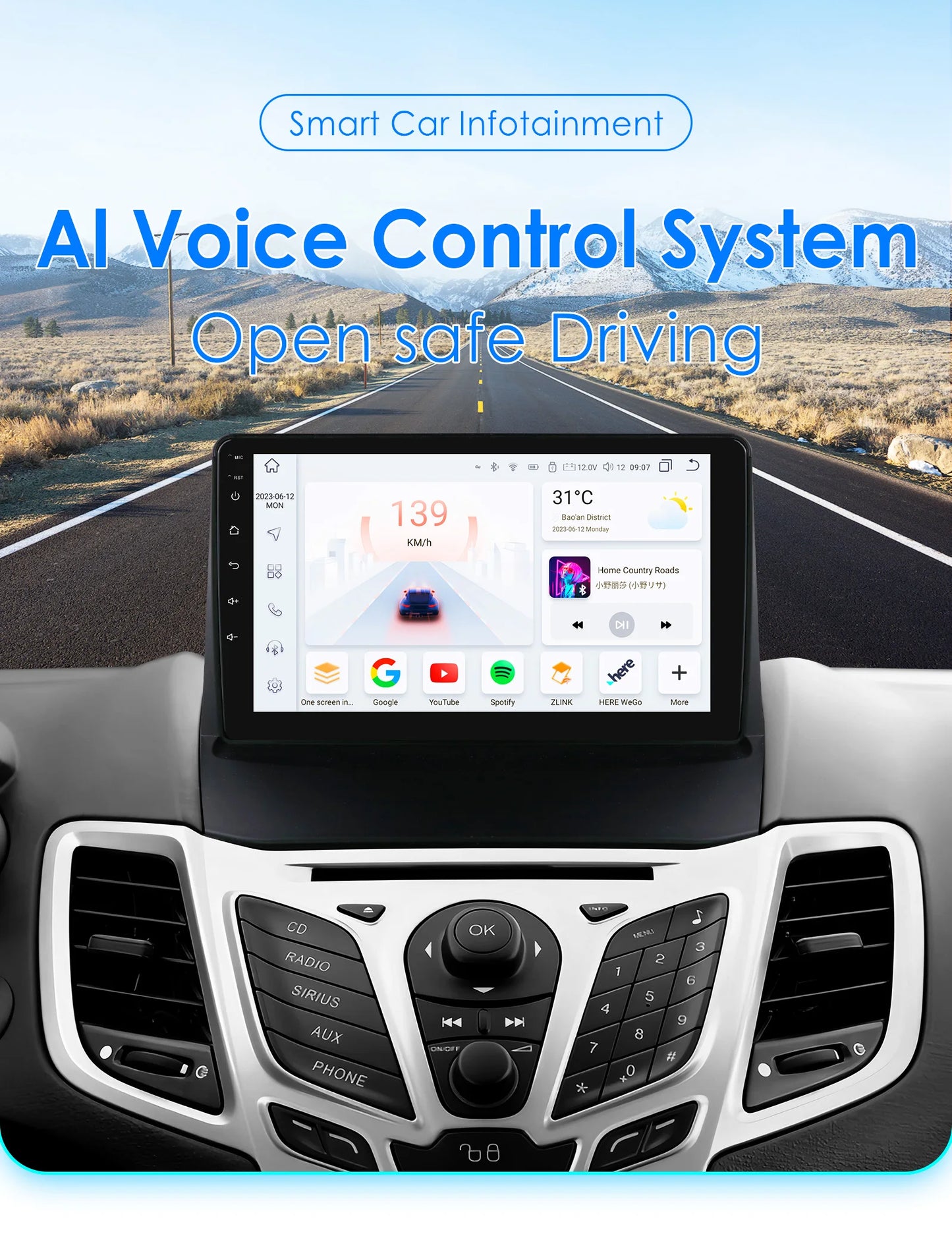 Autoradio 2 DIN Android avec CarPlay pour Ford Fiesta (2009–2017) – Lecteur Multimédia, Écran Intelligent, GPS, Navigation, RDS