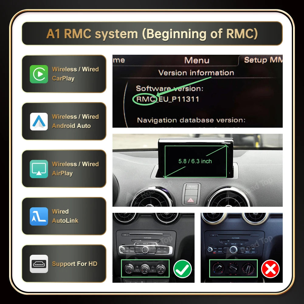 Autoradio écran avec CarPlay et Android Auto sans fil, compatible Audi A1 (2013-2018) et Q3 (2014-2018) – Systèmes RMC et HN+, avec Mirror Link et AirPlay.
