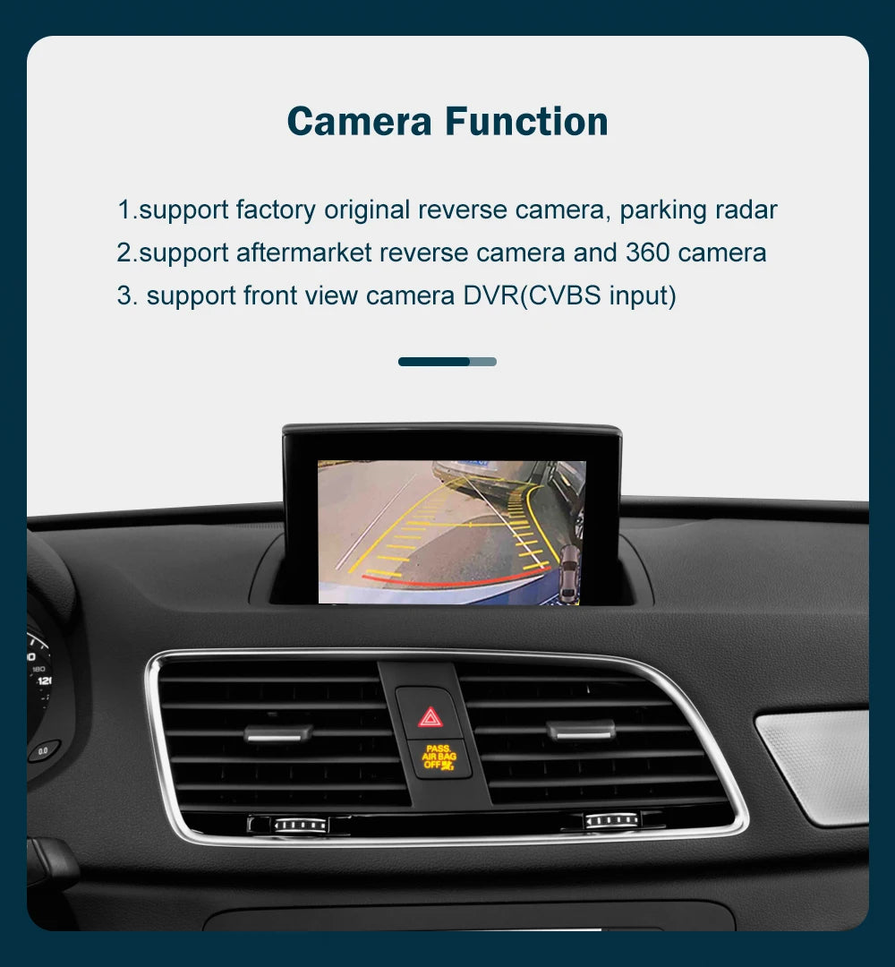 Autoradio écran avec CarPlay et Android Auto sans fil, compatible Audi A1 (2013-2018) et Q3 (2014-2018) – Systèmes RMC et HN+, avec Mirror Link et AirPlay.