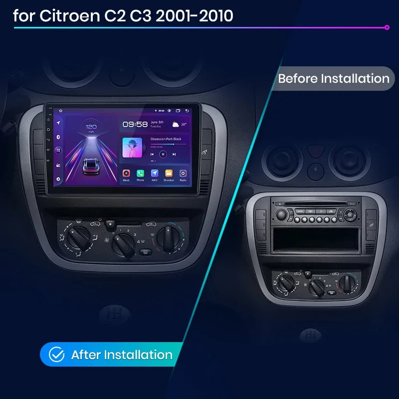 Autoradio Android sans fil Junsun avec CarPlay pour Citroën C2/C3 (2001-2010) – Système intelligent avec RDS, DSP, GPS, FM, Bluetooth et commandes au volant