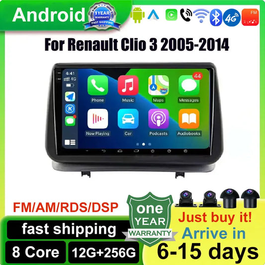 Ecran Renault Clio 3 2005-2014 Carpaly Auto Radio Multimedia Video Player Navigation GPS 4G WIFI Bluetooth Android 14