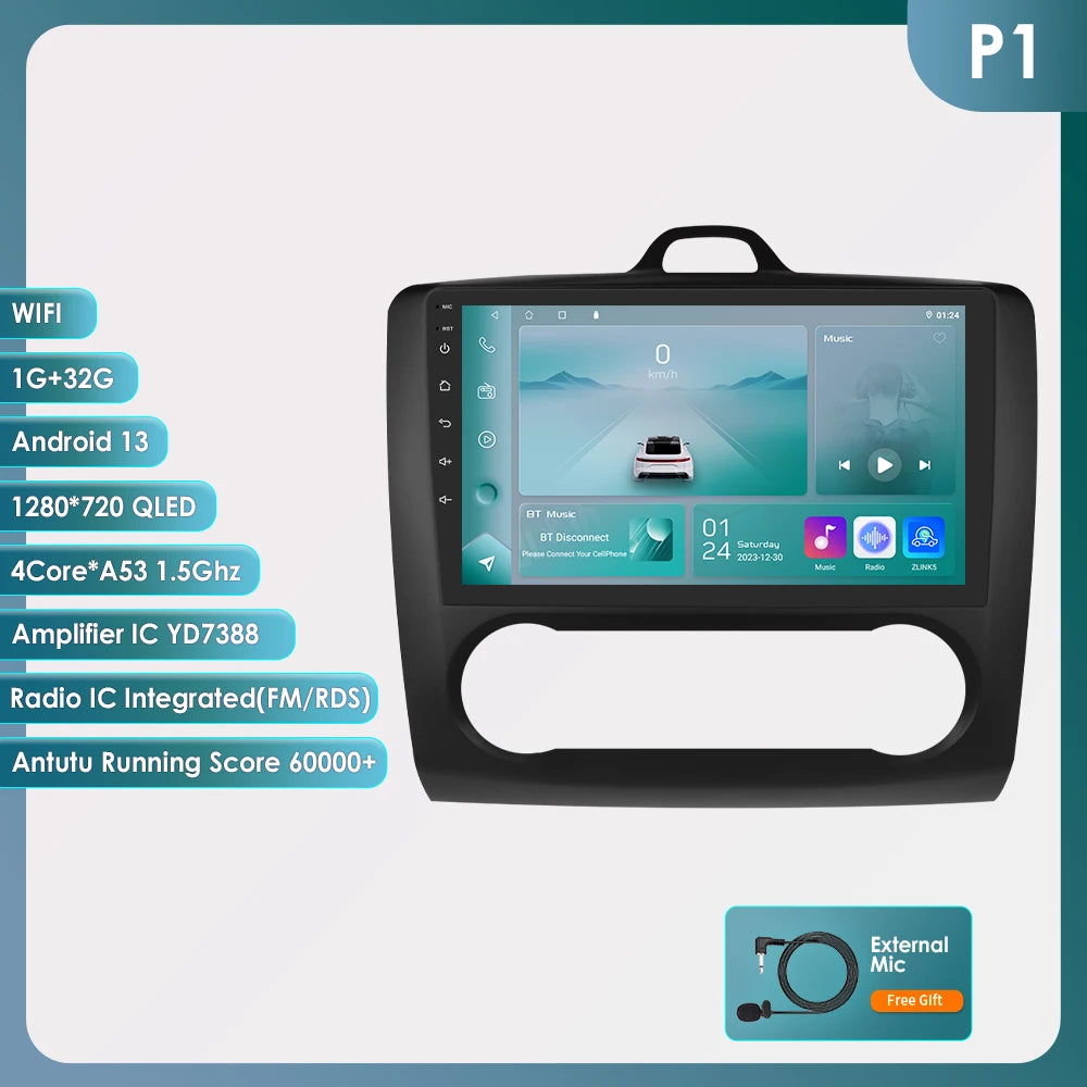 utoradio Android 9" Hizpo 2DIN avec GPS, Bluetooth, 4G, RDS, DSP, SWC et CarPlay – Compatible Ford Focus 2 Mk2 (2004-2011), Processeur UI7862