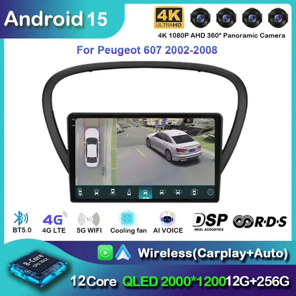 Autoradio Android 15 avec CarPlay pour Peugeot 607 (années 2002 à 2010)