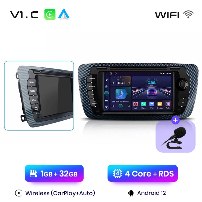 Autoradio écran avec CarPlay sans fil, Android Auto et GPS pour Seat Ibiza 6J (2009-2013) – Système multimédia intelligent pour voiture.