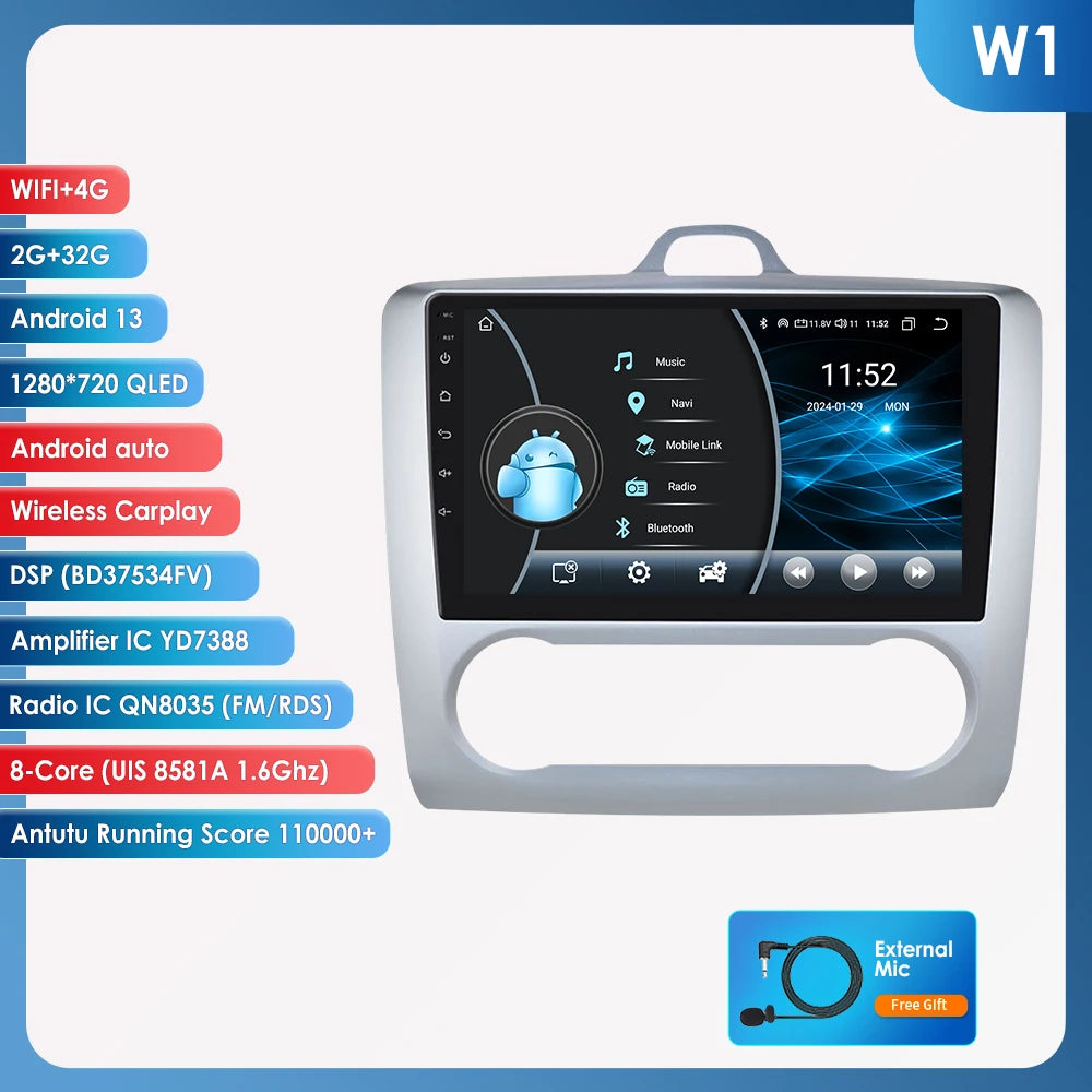 utoradio Android 9" Hizpo 2DIN avec GPS, Bluetooth, 4G, RDS, DSP, SWC et CarPlay – Compatible Ford Focus 2 Mk2 (2004-2011), Processeur UI7862