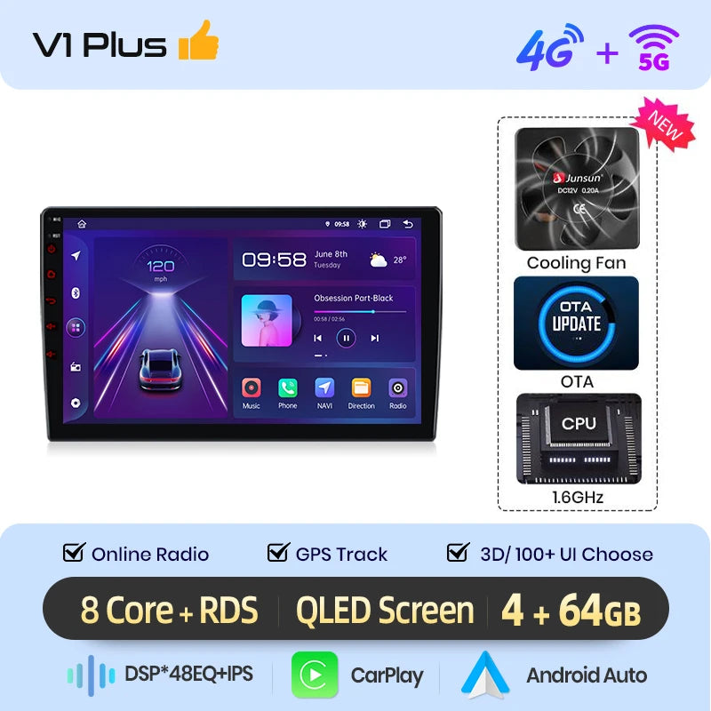 Autoradio Android sans fil Junsun avec CarPlay pour Citroën C2/C3 (2001-2010) – Système intelligent avec RDS, DSP, GPS, FM, Bluetooth et commandes au volant
