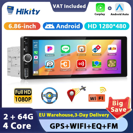 CarPlay Autoradio Android 1Din 6.86" GPS Navigation Player avec Android Auto, FM, WiFi, USB et Caméra de Recul