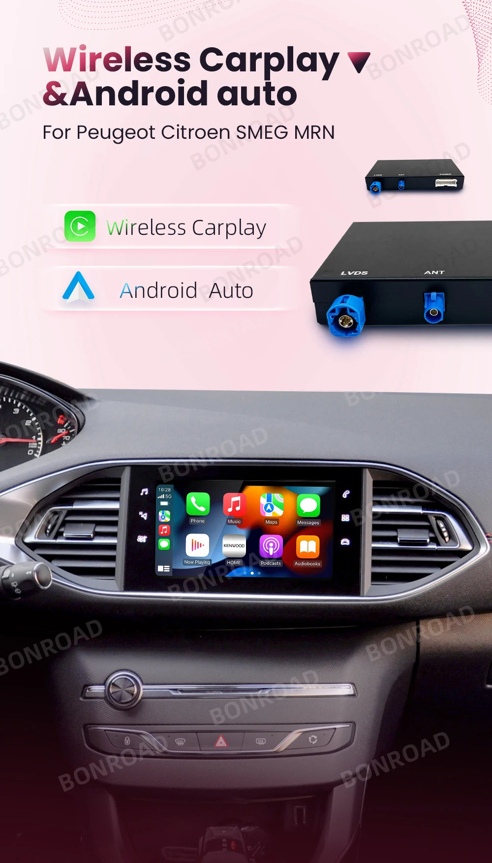 Android Auto et CarPlay sans fil pour Peugeot et Citroën – Compatible avec systèmes SMEG/MRN : Picasso, C4, C5, DS3, DS4, 208, 308, 508, 3008 – Connexion Bluetooth et MirrorLink