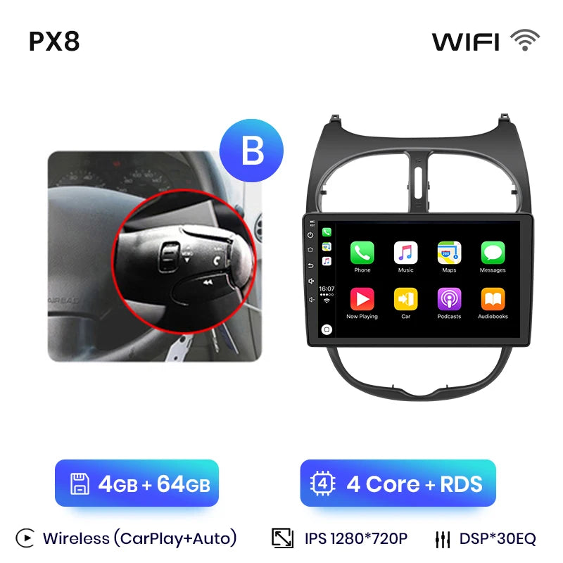 Autoradio écran pour Peugeot 206, 206CC, 206SW avec CarPlay sans fil pour Apple et Android Auto, GPS IPS, RDS, FM, WiFi, Bluetooth 4G, stéréo multimédia à 8 cœurs
