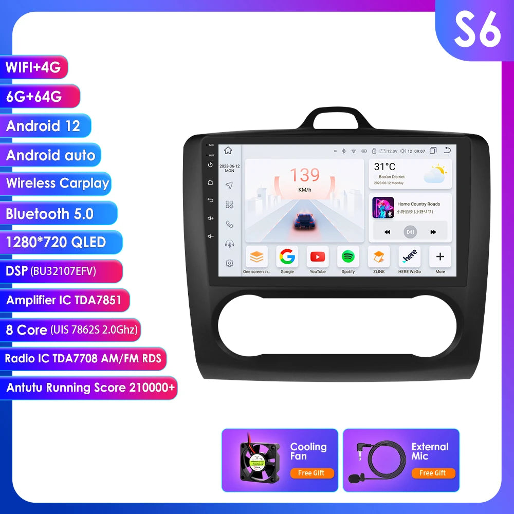 utoradio Android 9" Hizpo 2DIN avec GPS, Bluetooth, 4G, RDS, DSP, SWC et CarPlay – Compatible Ford Focus 2 Mk2 (2004-2011), Processeur UI7862