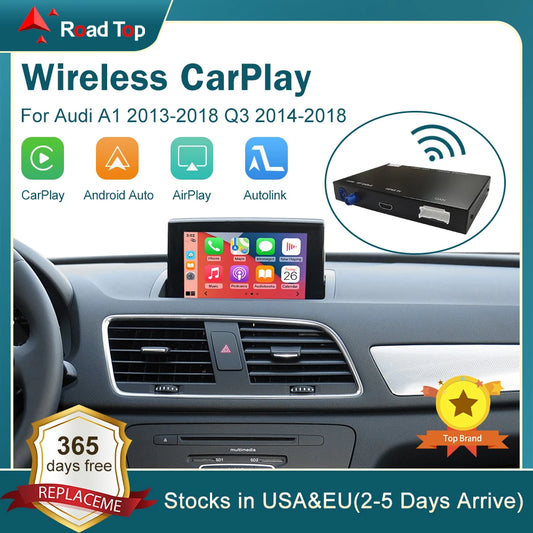 Autoradio écran avec CarPlay et Android Auto sans fil, compatible Audi A1 (2013-2018) et Q3 (2014-2018) – Systèmes RMC et HN+, avec Mirror Link et AirPlay.