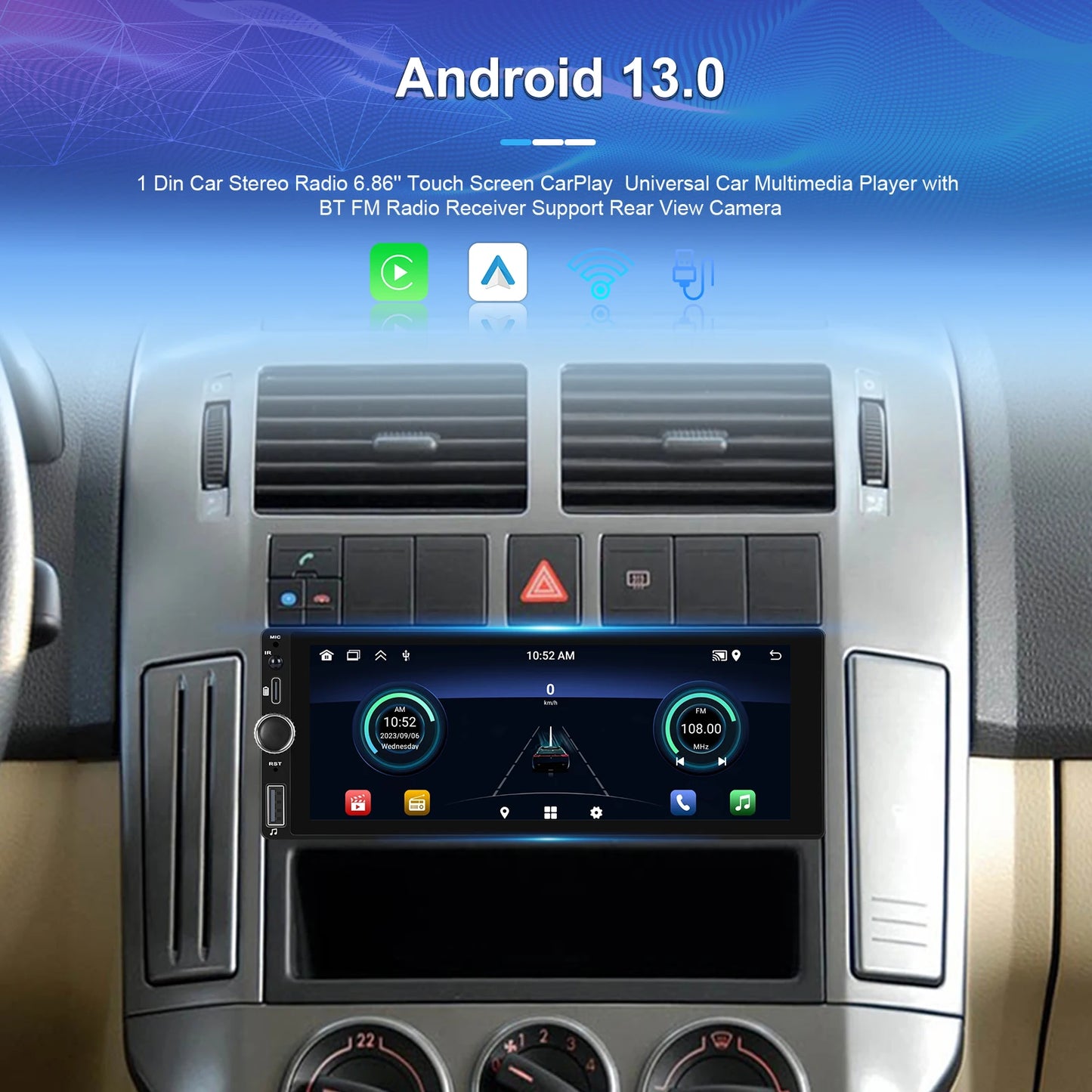 CarPlay Autoradio Android 1Din 6.86" GPS Navigation Player avec Android Auto, FM, WiFi, USB et Caméra de Recul