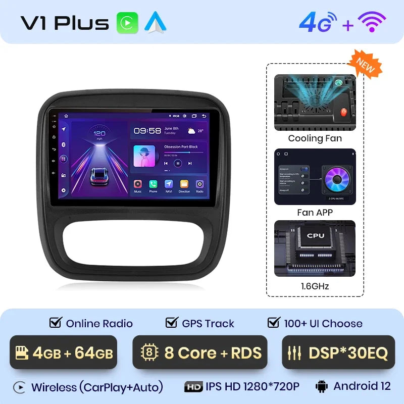 Autoradio CarPlay Renault Trafic 3 - Opel Vivaro B (2014-2021) – Système Android avec GPS, Navi, RDS et unité principale