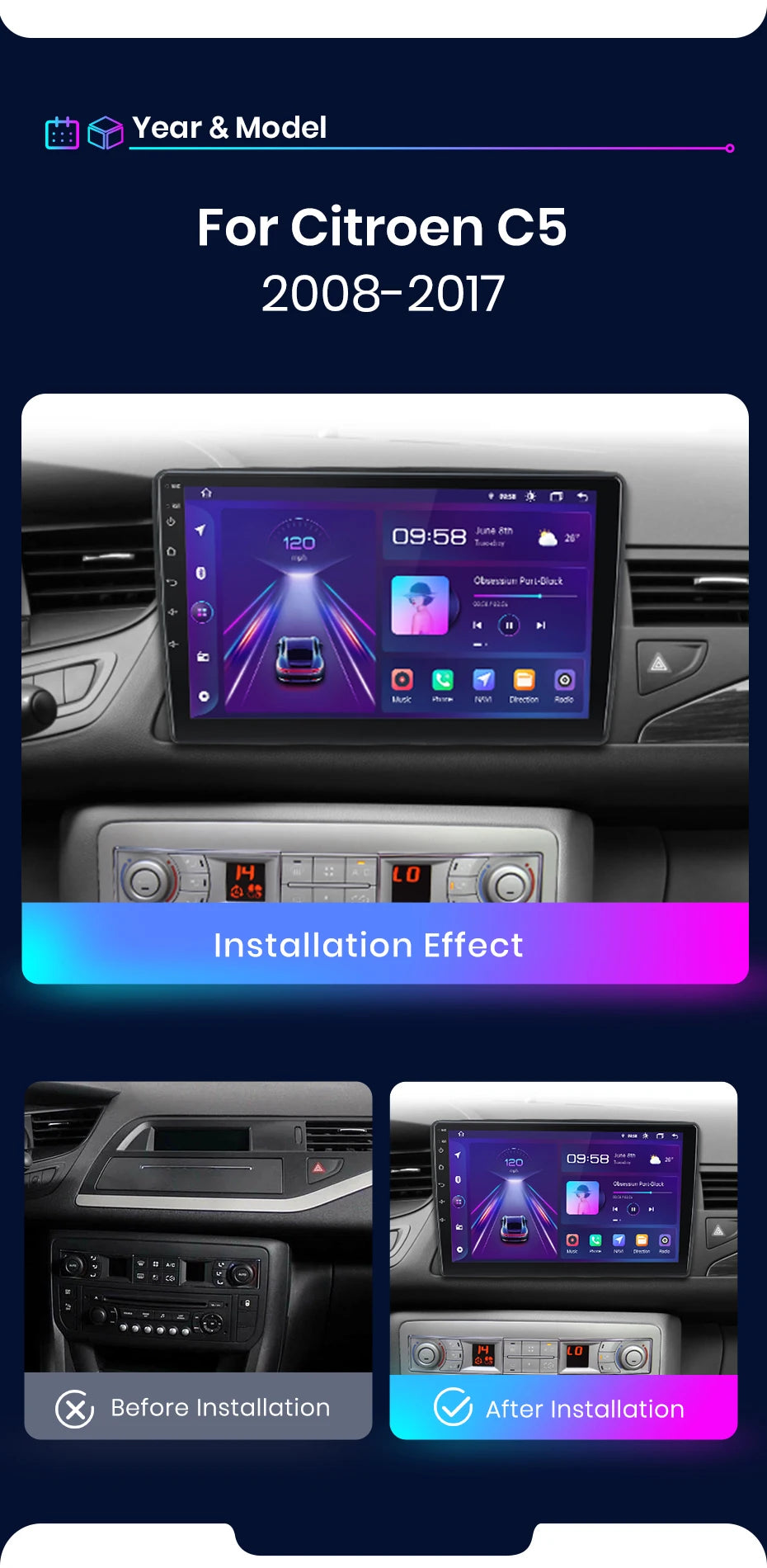 Autoradio sans fil avec CarPlay et Android Auto Citroën C5 (2008-2017), doté de RDS, 4G, Wi-Fi, GPS, double DIN et Bluetooth.