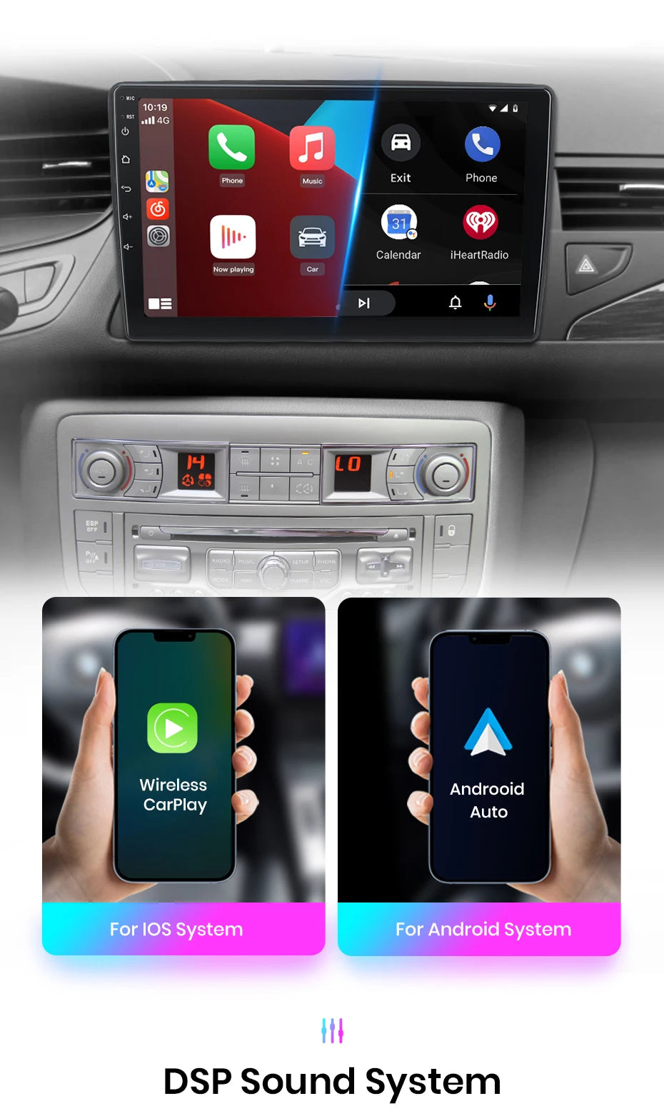 Autoradio sans fil avec CarPlay et Android Auto Citroën C5 (2008-2017), doté de RDS, 4G, Wi-Fi, GPS, double DIN et Bluetooth.