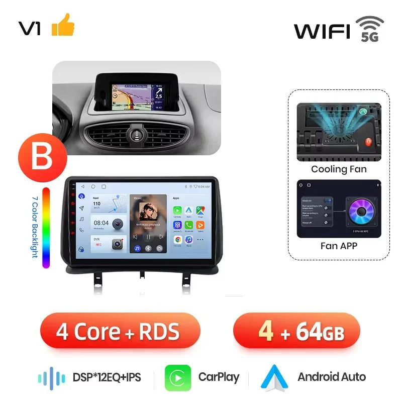 Autoradio CarPlay / Android Auto pour Renault Clio 3 (2005–2014)